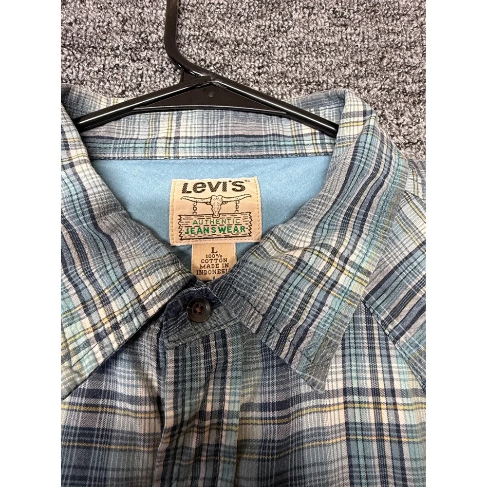 Levis Mens Blue Plaid Short Sleeve Western Pearl Snap Shirt Large L Cotton